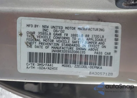 2003 Toyota Corolla Le z USA, uszkodzony, nr VIN 1NXBR32E93Z086135